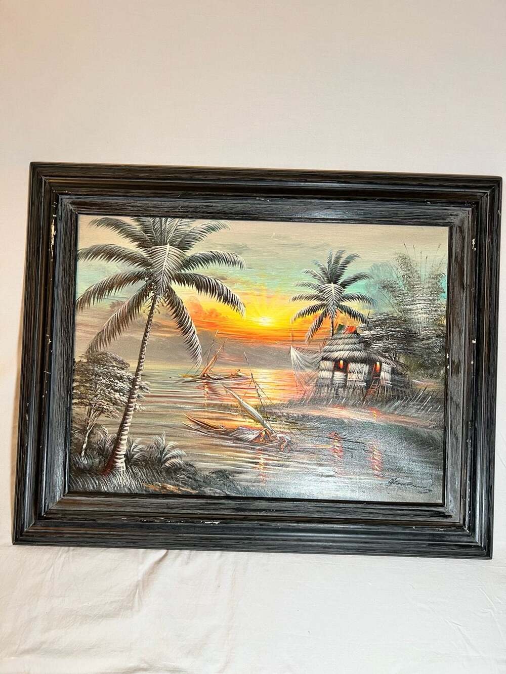 Vintage Hand-Painted Oil on Canvas Tropical Sunset Seascape with Boats